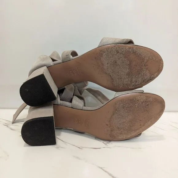 Lewit Beige Gold Silver Shimmer Glimmer Chunky Heel Ankle Bow 38 Made in Italy