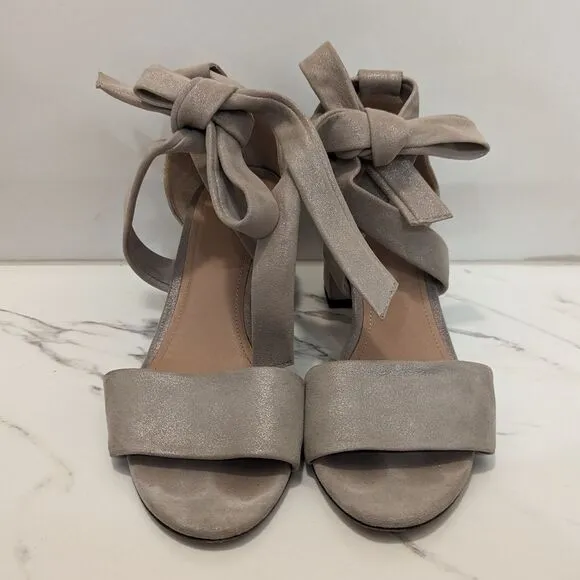 Lewit Beige Gold Silver Shimmer Glimmer Chunky Heel Ankle Bow 38 Made in Italy
