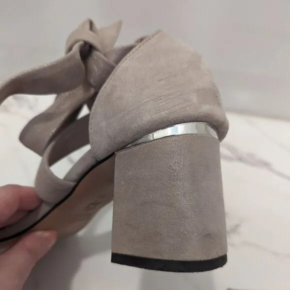 Lewit Beige Gold Silver Shimmer Glimmer Chunky Heel Ankle Bow 38 Made in Italy
