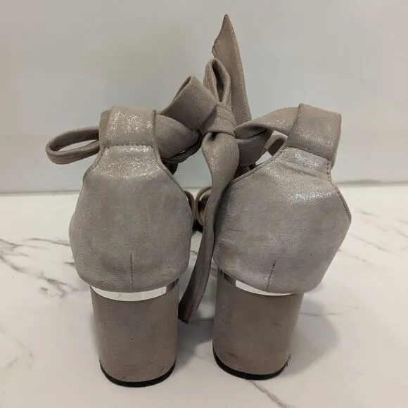 Lewit Beige Gold Silver Shimmer Glimmer Chunky Heel Ankle Bow 38 Made in Italy