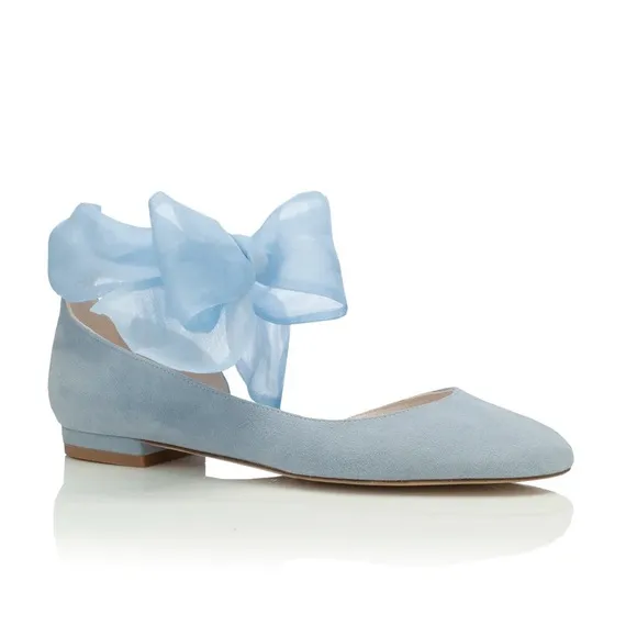 Light Blue Suede Flats with Bow - Bridal and Wedding