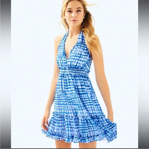 Lilly Pulitzer Cailee Halter Tiered Mini Dress in Bennet Blue Feeling Beachy XS