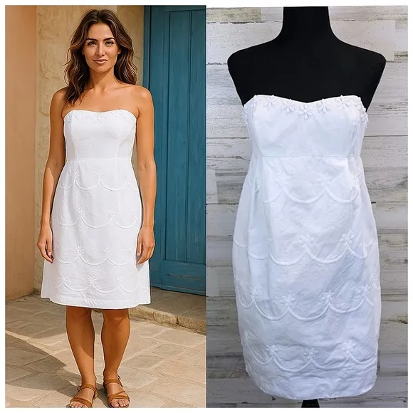 Lilly Pulitzer White Embroidered &amp; Beaded Strapless Mini Dress Sz 4 Boho Beachy