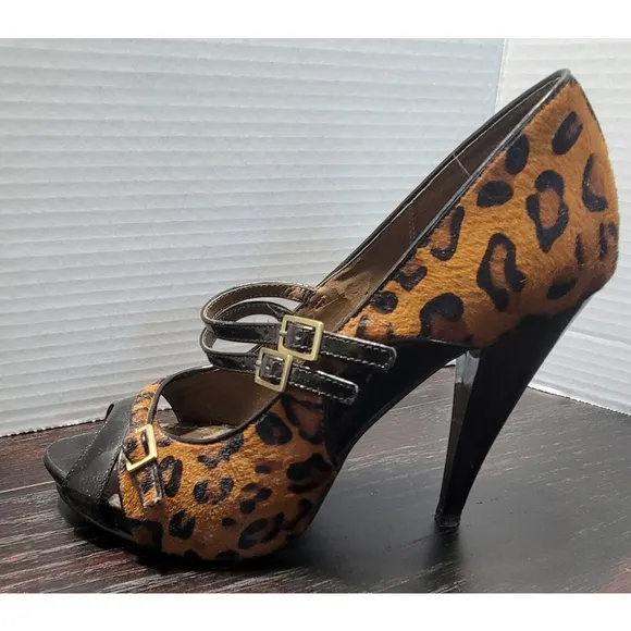 Linea Paolo Calf Hair Leopard Print High Heel Mary Janes Size 9
