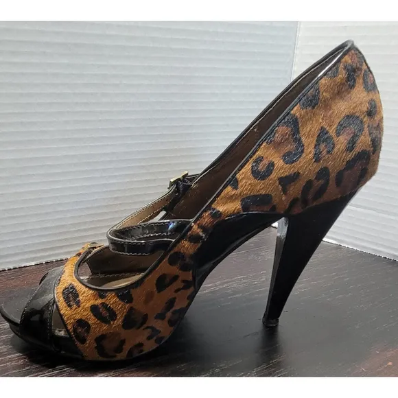 Linea Paolo Calf Hair Leopard Print High Heel Mary Janes Size 9