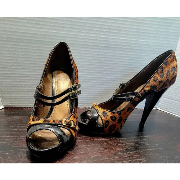 Linea Paolo Calf Hair Leopard Print High Heel Mary Janes Size 9