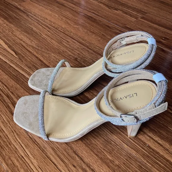 Lisa Vicky size 8 Tan 4” Heels with Rhinestone Straps