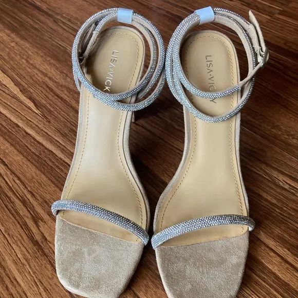 Lisa Vicky size 8 Tan 4” Heels with Rhinestone Straps