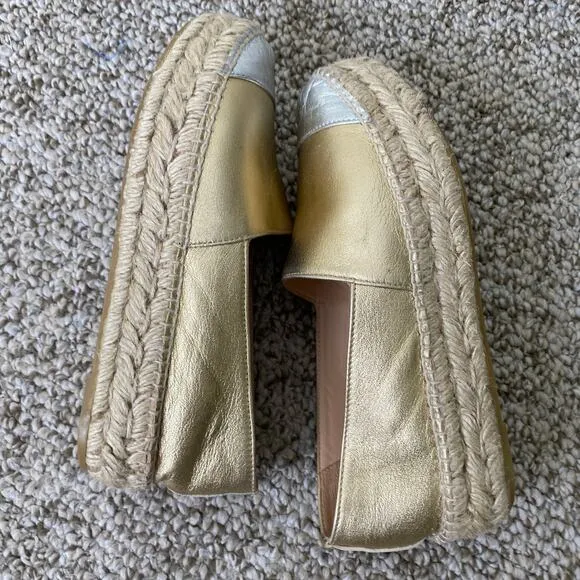 LK Bennett Talia Espadrilles Size 37 or 7 Gold Silver Metallic Leather Flatform