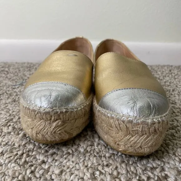 LK Bennett Talia Espadrilles Size 37 or 7 Gold Silver Metallic Leather Flatform