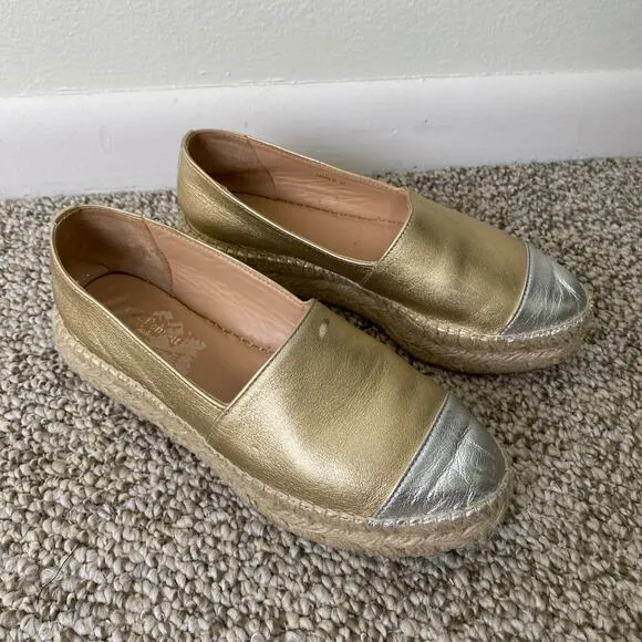 LK Bennett Talia Espadrilles Size 37 or 7 Gold Silver Metallic Leather Flatform