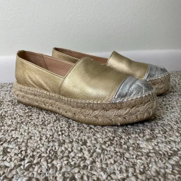 LK Bennett Talia Espadrilles Size 37 or 7 Gold Silver Metallic Leather Flatform