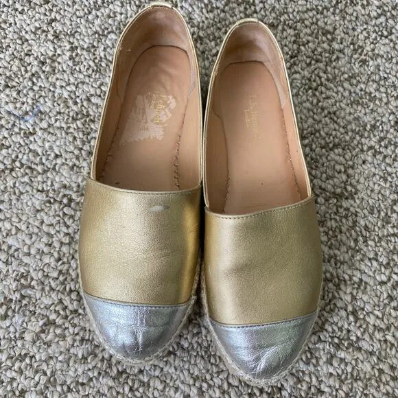 LK Bennett Talia Espadrilles Size 37 or 7 Gold Silver Metallic Leather Flatform