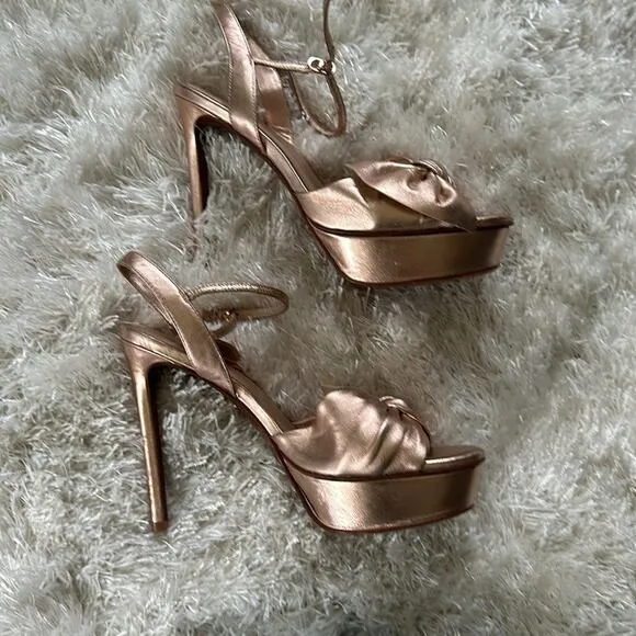 Lola Cruz Anthropologie Revolve Stiletto Platform blush metallic bow Sandal 39