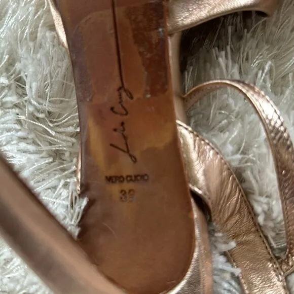 Lola Cruz Anthropologie Revolve Stiletto Platform blush metallic bow Sandal 39