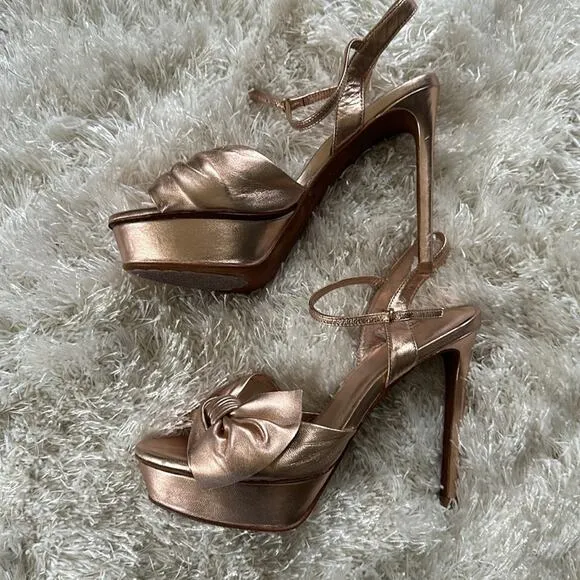Lola Cruz Anthropologie Revolve Stiletto Platform blush metallic bow Sandal 39