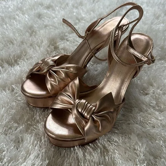 Lola Cruz Anthropologie Revolve Stiletto Platform blush metallic bow Sandal 39