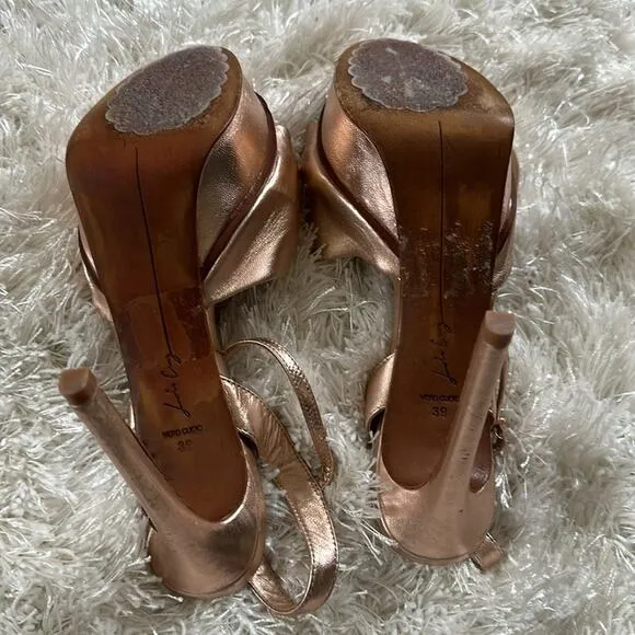 Lola Cruz Anthropologie Revolve Stiletto Platform blush metallic bow Sandal 39