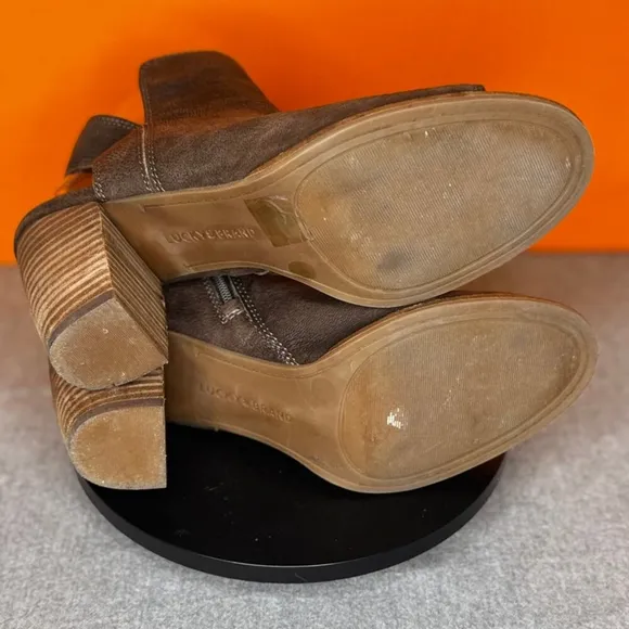 Lucky Brand Jubai Peep Ankle Leather Heels Boots Brown Open Toe Size 8.5