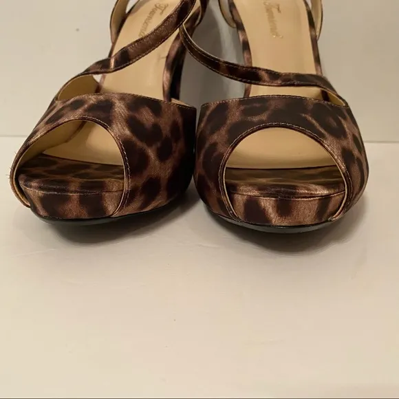 LULU TOWNSEND HEEL LEOPARD PRINT BROWN TAN OPEN TOE STRAP SIZE 9
