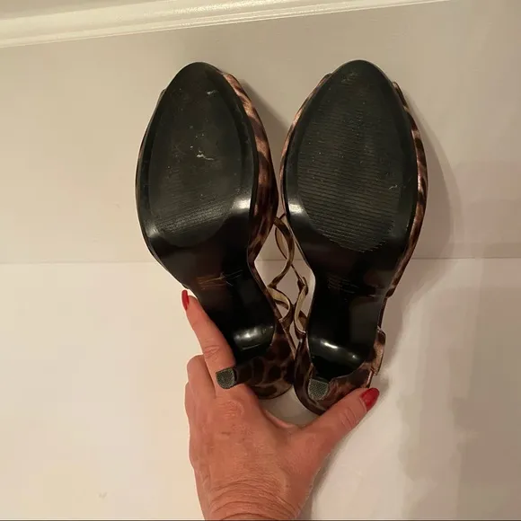LULU TOWNSEND HEEL LEOPARD PRINT BROWN TAN OPEN TOE STRAP SIZE 9