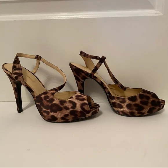 LULU TOWNSEND HEEL LEOPARD PRINT BROWN TAN OPEN TOE STRAP SIZE 9