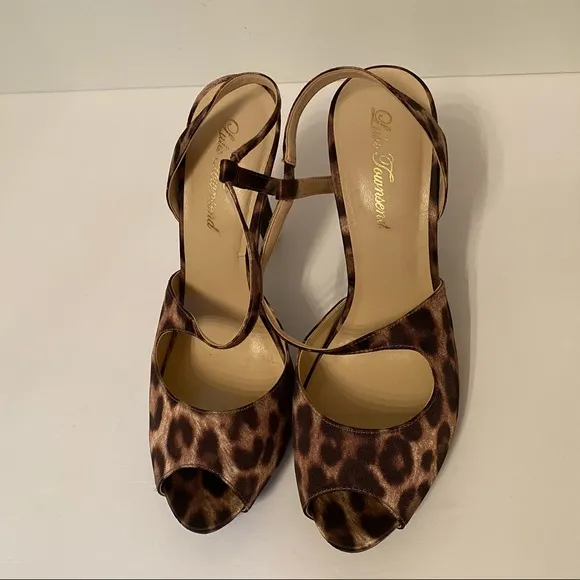 LULU TOWNSEND HEEL LEOPARD PRINT BROWN TAN OPEN TOE STRAP SIZE 9