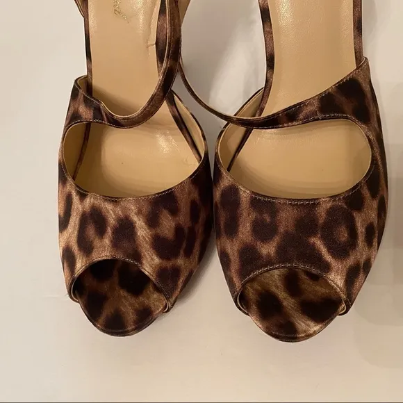LULU TOWNSEND HEEL LEOPARD PRINT BROWN TAN OPEN TOE STRAP SIZE 9