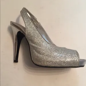 LULU TOWNSEND HEEL SLINGBACK PEEP TOE SILVER GLITTER SIZE 7.5 38