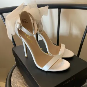 Lulus Ayanna Ivory Satin Bow Ankle Strap High Heel Sandals