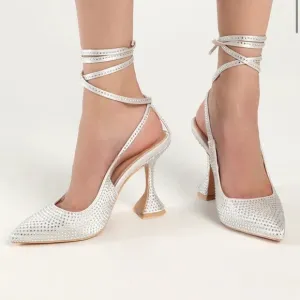 Lulus Kayka White Rhinestone‎ Lace-Up Pointed-Toe Pumps