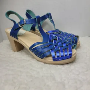 Maguba of Sweden Women's Wooden Heel  Shoes Size 11.5 Blue Strappy Leather