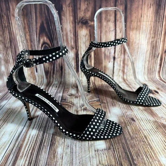 Manolo Blahnik CHAOS Sz EU 40 US 10 Black White Polka Dot High Heel Sandal Shoes