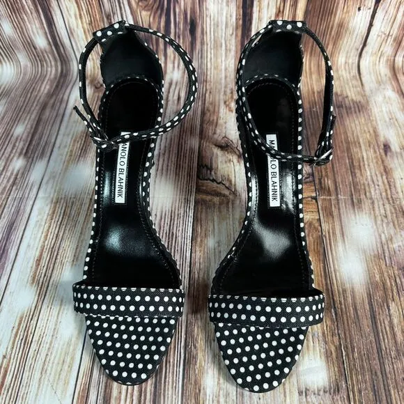 Manolo Blahnik CHAOS Sz EU 40 US 10 Black White Polka Dot High Heel Sandal Shoes