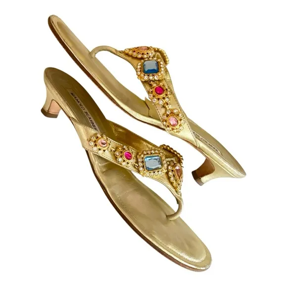 Manolo Blahnik Gold Embellished Women's Sandals