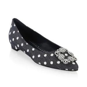 Manolo Blahnik Hagisi Denim Polka Dot Flats Navy Blue White Size 39