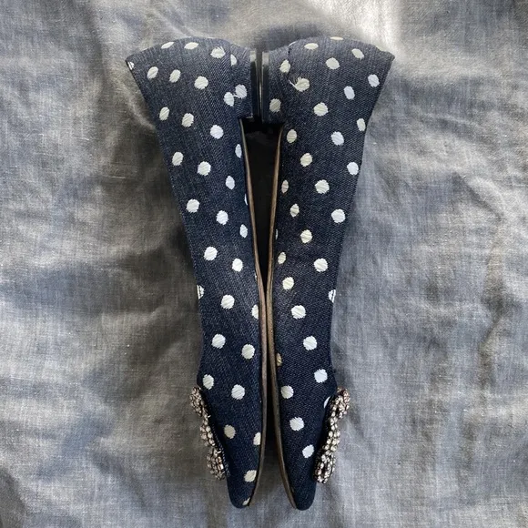 Manolo Blahnik Hagisi Denim Polka Dot Flats Navy Blue White Size 39