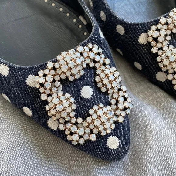 Manolo Blahnik Hagisi Denim Polka Dot Flats Navy Blue White Size 39