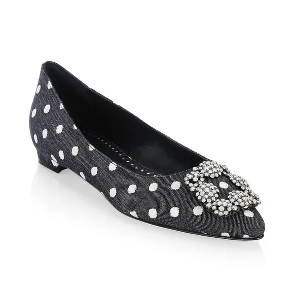 Manolo Blahnik Hagisi Denim Polka Dot Flats Navy Blue White Size 39