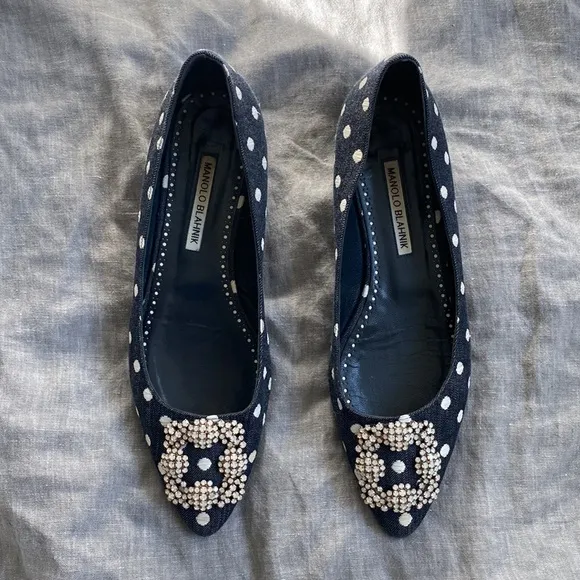 Manolo Blahnik Hagisi Denim Polka Dot Flats Navy Blue White Size 39