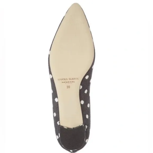 Manolo Blahnik Hagisi Denim Polka Dot Flats Navy Blue White Size 39