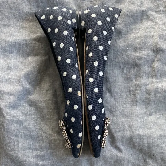 Manolo Blahnik Hagisi Denim Polka Dot Flats Navy Blue White Size 39