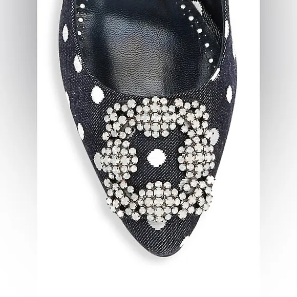 Manolo Blahnik Hagisi Denim Polka Dot Flats Navy Blue White Size 39