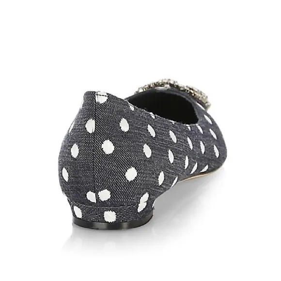 Manolo Blahnik Hagisi Denim Polka Dot Flats Navy Blue White Size 39