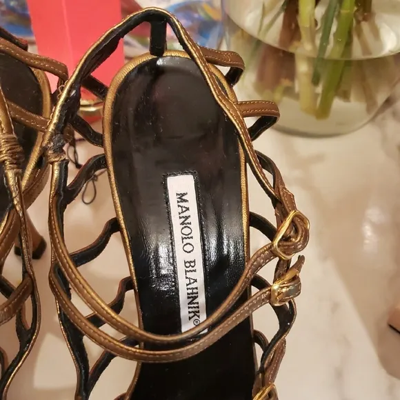 Manolo Blahnik Orange Brown Heels Elegant Strappy   Dust Bag.