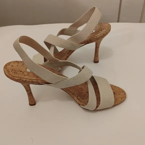 Manolo Blahnik Strappy Sandals.Size 38 Cork Detail. 3 1/2” Heel