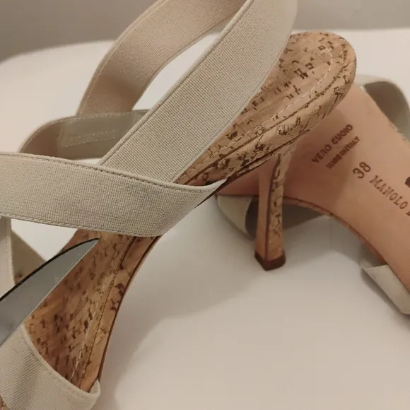 Manolo Blahnik Strappy Sandals.Size 38 Cork Detail. 3 1/2” Heel