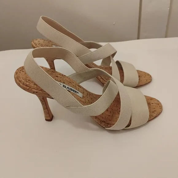 Manolo Blahnik Strappy Sandals.Size 38 Cork Detail. 3 1/2” Heel