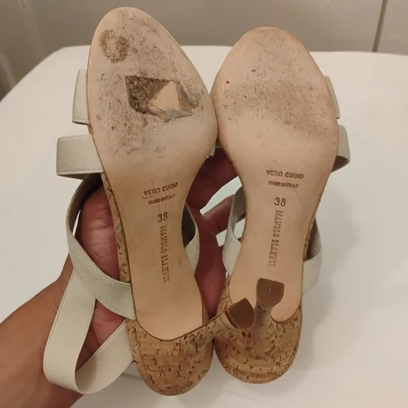 Manolo Blahnik Strappy Sandals.Size 38 Cork Detail. 3 1/2” Heel