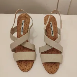 Manolo Blahnik Strappy Sandals.Size 38 Cork Detail. 3 1/2” Heel